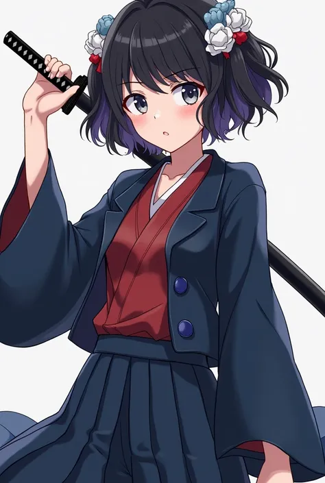 Kimetsu no Yaiba girl wearing clothes consisting of gakuran and hakama with buttons on short wavy black hair gray eyes with a beautiful body ,Katana color black and ahori white with blue and red hair accessories 