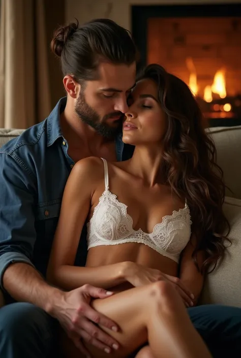 A tender moment of intimacy unfolds as a handsome, 30-year-old man with a quaff hairstyle and trimmed beard cradles a stunning young woman, aged 24 and resembling Madison Beer, in his lap. Her long, wavy brunette hair cascades down her back as she gazes in...