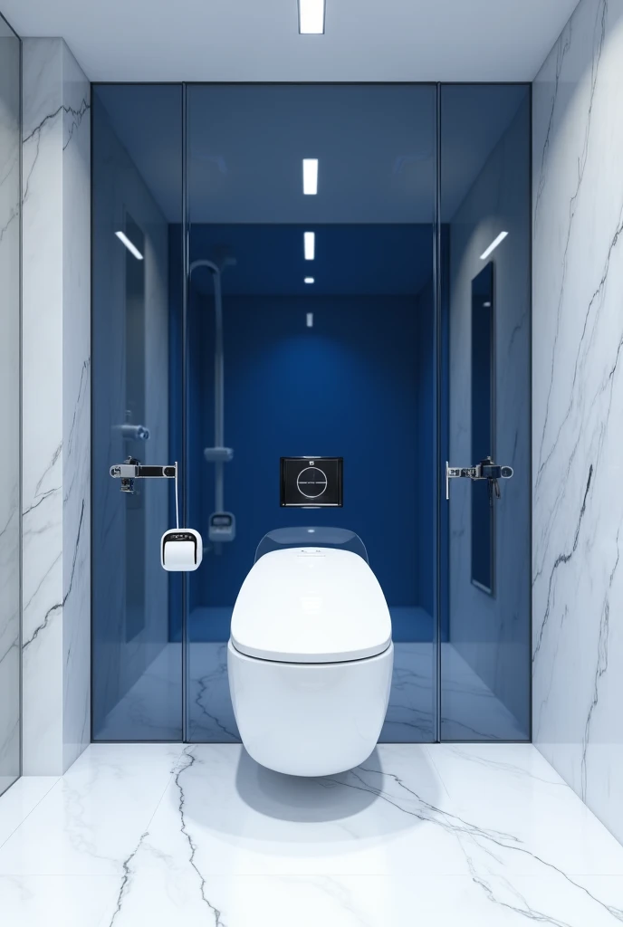 Professional 3d architecture rendering design of modern and minimal and high tech design for elegant and big  toilet  space with  white marble with  white blue lines and  modern white  ball hanging toilet and white face wash and blue closet for under and m...