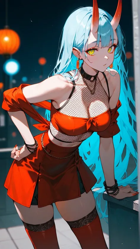 score_9, score_8_up, score_7_up, light blue hair, orange eyes, oni girl, fishnet top, tied top, red dress, leaning forward