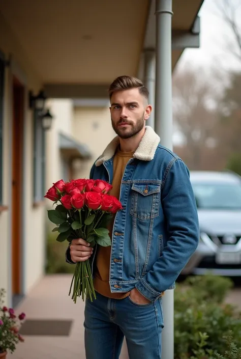 This is a 25-year-old man . handsome, manly. Short beard eye hair  "buzz cut" light eyes light skin. Wear a denim jacket with wool around the collar,  Jean Azúl .  He has a warm expression .  Hes on the porch of a nice middle class house.  He wears a bouqu...