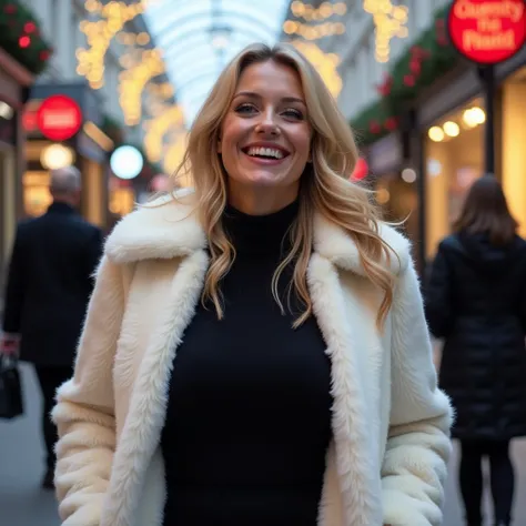   Blonde woman  , Blue eyes, delgado,  curvy and large ,  perfect breasts  ,  dressed in an elegant black winter sweatshirt, wearing a white fur coat ,  strolling down Regent Street ,  London decorated with Christmas lights.  full body. laughing