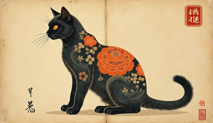 ancient minimalist japanese art, colorful, tattoed cat, aged