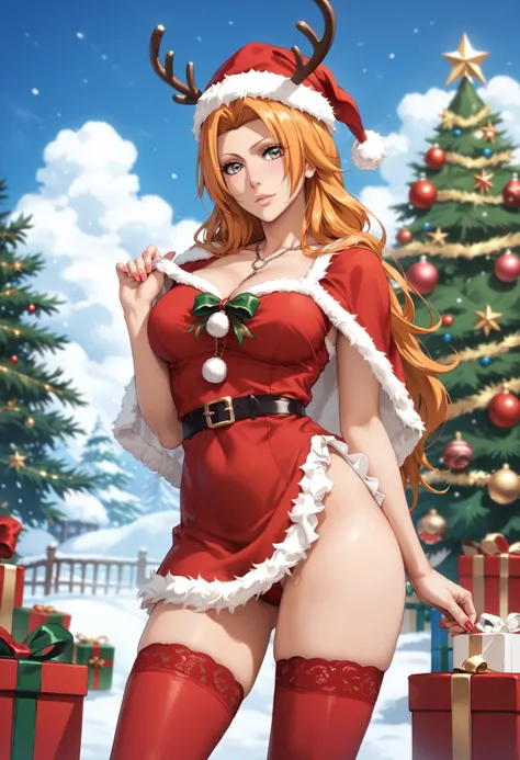 extremely detailed CG, high resolution, best quality, masterpiece, single woman, matsumoto rangiku (bleach), gray eyes, (beautiful detailed eyes: 1.4), orange hair, christmas outfit, christmas hat, thigh-high stockings, natural pose, christmas tree, outdoo...