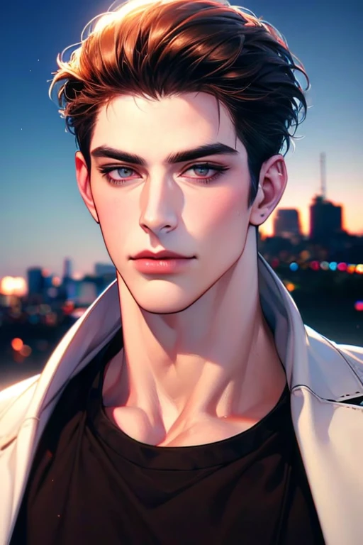 (best quality,4k,8k,highres,masterpiece:1.2),ultra-detailed,(realistic,photorealistic,photo-realistic:1.37),30 year old man,3 day beard,handsome anime,portraits,strong,masculine,dark hair,sharp jawline,mesmerizing eyes,perfectly styled hair,cool anime outf...