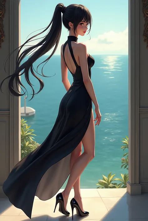 black hair,  Black smooth long hair flying in the wind,  sweep across the sea , ponytail, Windy , Brown-gold big pupil , Smile, Matou Sakura, concept art, realism, chiaroscuro,  Anatomical structure correct ,  Textured skin ,  Clear eyeshadow at the end of...