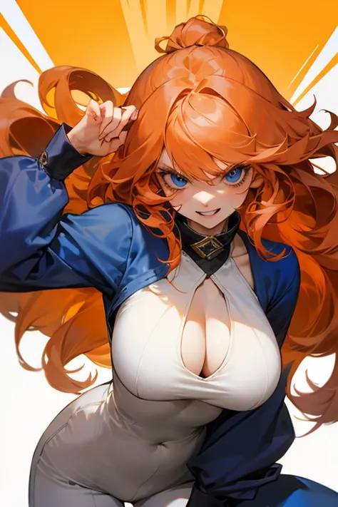 Mereoleona orange hair、Hanging eyes、bangs、 winks、long hair, cowlick at the top of the head 、Big Breasts , cleavage 、blue eyes, Thighs、look, get angry　 ,pants,Anatomically Correct grin 、she haves fang, Punch on the screen,Punch on you、Her hands are fire 、Li...