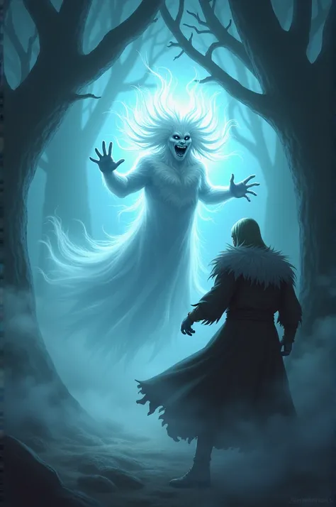 Betal bursts into laughter, his ghostly form glowing as he leaps from the king’s grasp and vanishes into the tree. The scene captures the swirling mist, the kings composed reaction, and Betals mischievous auraBetal is a ghost whose hair is white in colour.