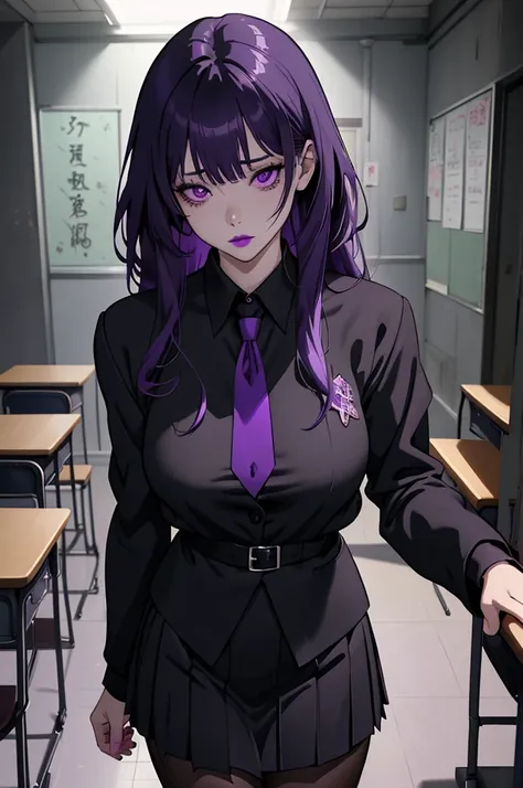 Beautiful Purple Hair and Eyes 、girl, falling to the dark, empty eyes, look down, purple lips, black costume, grotesque, blood, school uniform, classroom, nsfw, Woman Fallen in Darkness Anime Characters 、 Amazing Fantastic Background、 Anime Genshins Worldv...