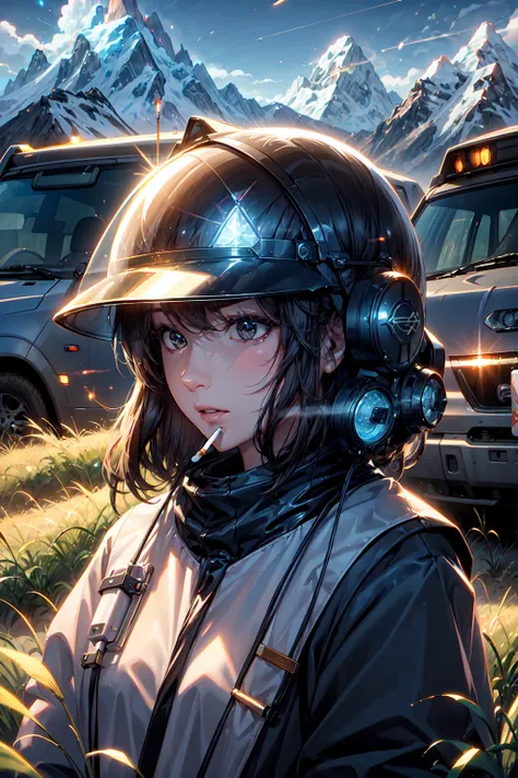 Close-up photo of female winner (Science Fiction Explorer:1.3) Wearing a helmet with a hexagonal glass visor, [Style Psycho::10], Next to (Accident car:1.2), (cigarette:1.4),  Next to, (Mountain々:1.2) ( tall grass :1.2), rock,  high definition,  Details, (...