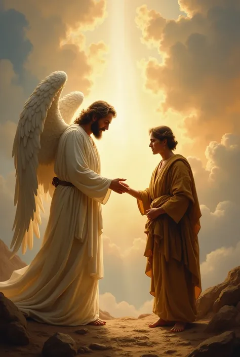 an oil painting, The angel, with a serene and powerful expression, places his hand on Jacob, who is limping, in a symbolic gesture of transformation. A divine light surrounds Jacob as the angel gives him a new name, ‘Israel’. The sky in the background ligh...