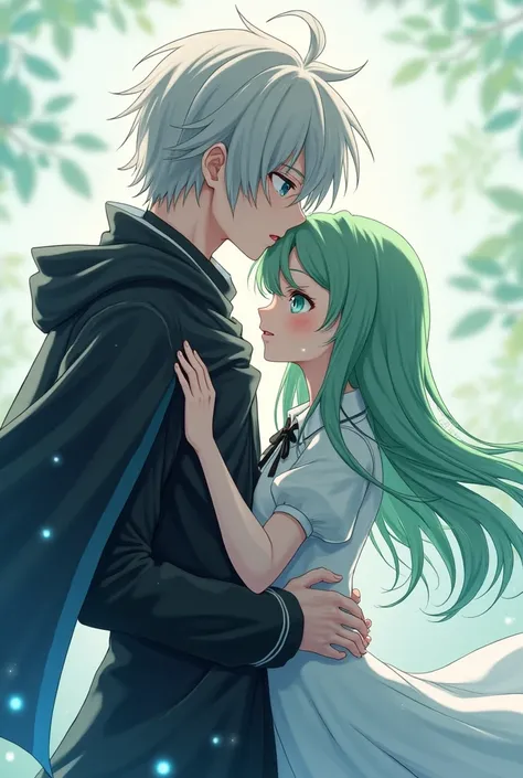 A young anime girl with long green hair and heavenly blue eyes wearing school clothes is shy and innocent. She hugs the waist of a handsome young man with barbed silver hair, heavenly blue eyes and a light sign .