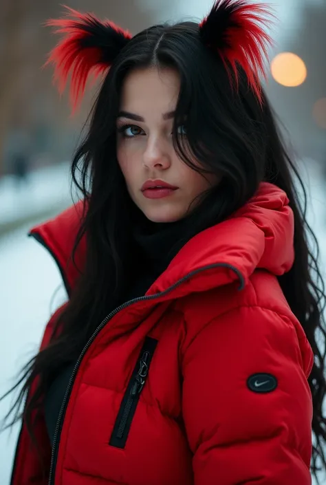 full body photography in the style of Tanya Shatseva {X}, a beautiful Russian brunette woman with black hair with red tufts and lights on her head ,  big, saggy breasts ,  wearing a red goose down jacket with shades of black autumn-winter from the Nike bra...