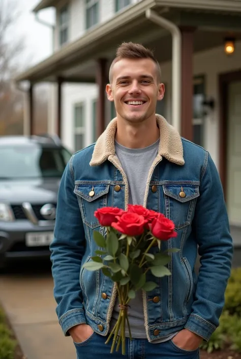 This is a 25-year-old man . handsome, manly. hair "buzz cut" light eyes light skin. Wear a denim jacket with wool around the collar,  Jean Azúl .  He has a warm expression .  Hes on the porch of a nice middle class house.  He wears a bouquet of roses in on...