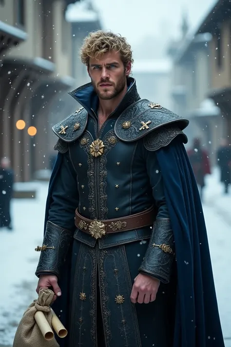 Australian Man Luke Hemsworth 46 years old,short curly hairstyle, blonde hair,Dark skin,blue eyes, maxilar definido retangular, 1.85 altura, vestido com um traje de Princepe medieval na cor azul escura, segurando uma bolsa com papiros,em rua Medieval nevan...