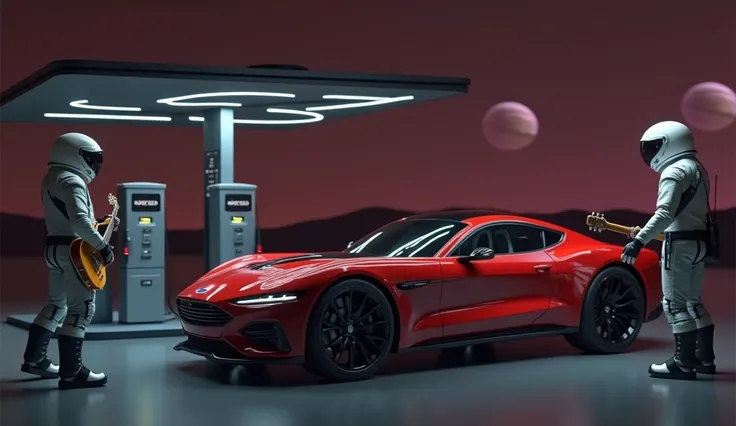 4K film quality，Film compositions，fine textures，Base on Mars，Astronauts playing guitar, A cherry red 2025 ford mustang floating in space WITH A GUY WITH SPACE TRAGE STANDING AT A SPACE-STYLE GAS STATION TO FUEL EM UM PLANETA FUTURISTICO NO ESPAÇO, SUPPLYIN...