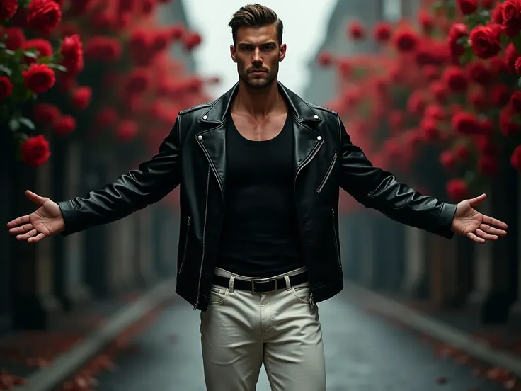 Handsome man , muscular , with a black leather jacket , white pants and a black tank top spread his arms in a dark black street , behind him a road of roses  