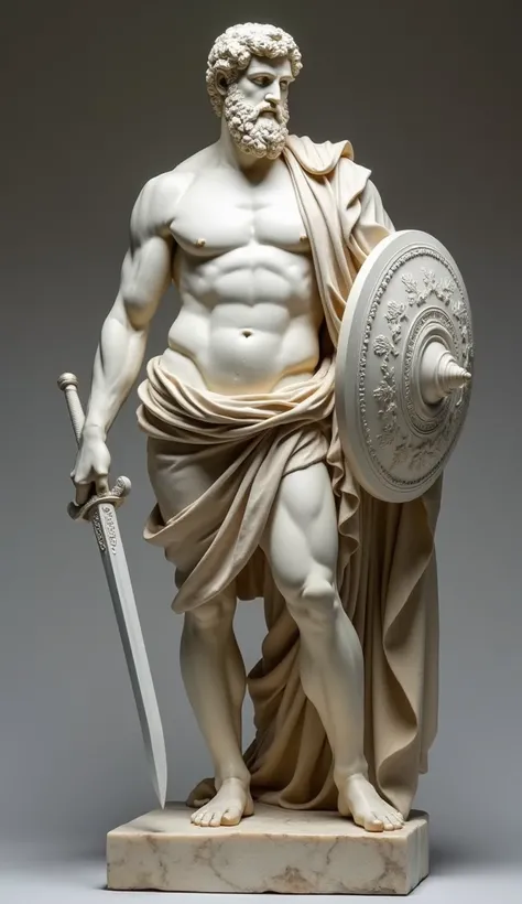  A super realistic marble sculpture that shows a muscular ,  combining his physical strength with his commitment to virtue . The figure,  precisely carved ,  exhibits an athletic body with defined muscles ,  reflection of discipline and self-control .  In ...