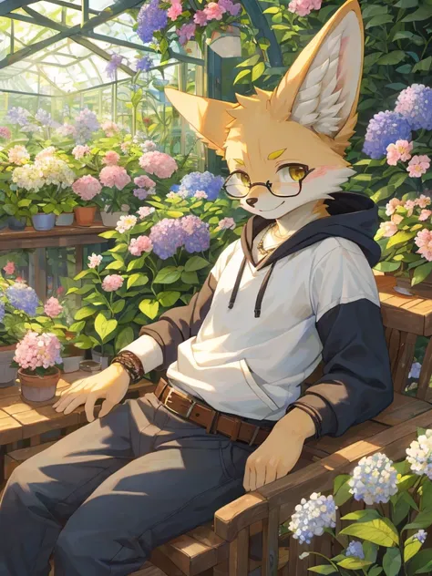 masterpiece,best quality, colorful blooming greenhouse，Sunlight，blooming  Flowers，greenhouse garden，Male focus，fennec，delicate portrayal of the face，(right side leaning view:1.5), (fluffy fur, yellow eyebrows:1.5), milky colored delicate eyes，ultra realist...