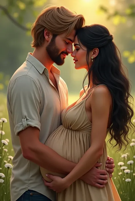  a woman with long black hair , black eyes and freckles on her nose . She is pregnant.

 Next to them is a man with short wavy dark blond hair,  brown eyes and short beard . Theyre kissing  
