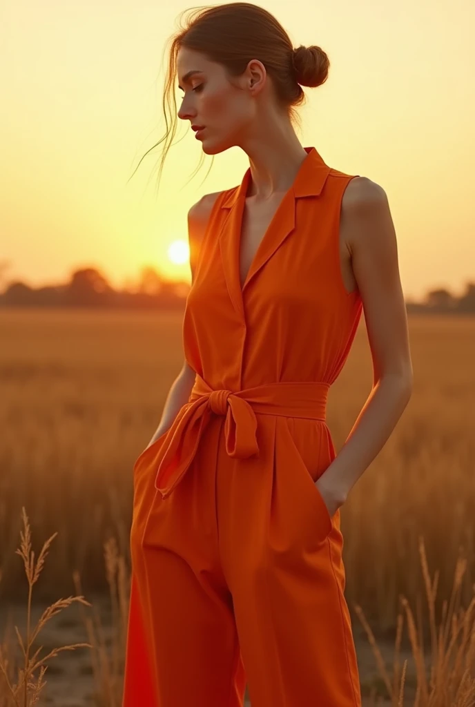 create HD high quality resolutions pictures B-ROLL 4k of very beautiful fashionable composed linen jumpsuit in sunset orange 






