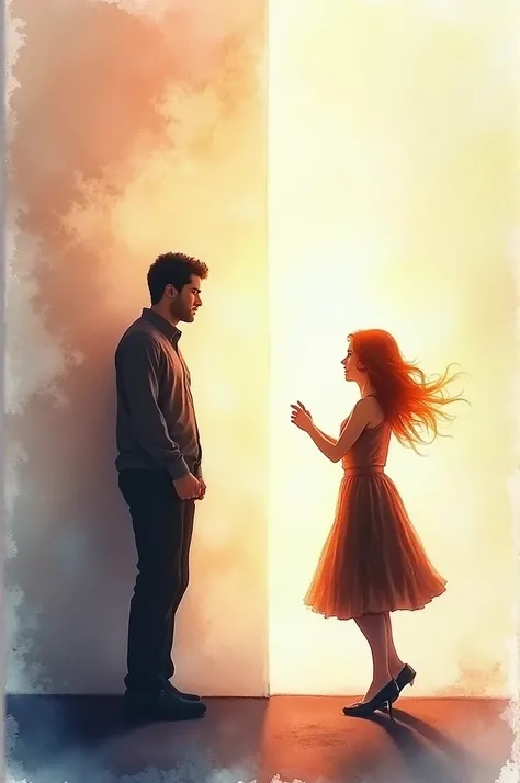 watercolor silhouette two scenes, first scene a sad person being surrounded by an intense light and the second scene a happy person dancing happily, all in silhouette, image size 1280x720 pixels, 16:9