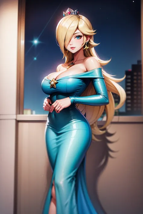 princesa rosalina, blue dress, big breasts, adult body, starry sky, semblante angelical,smile,large breasts