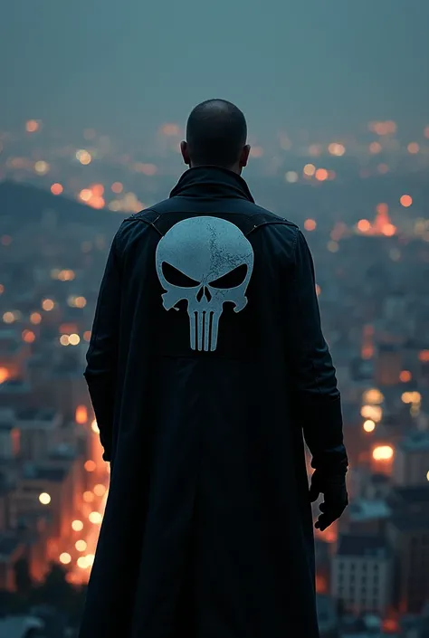 The Punisher Back turned watches Istanbul at night, wearing a skull vest, black gloves and a black raincoat 