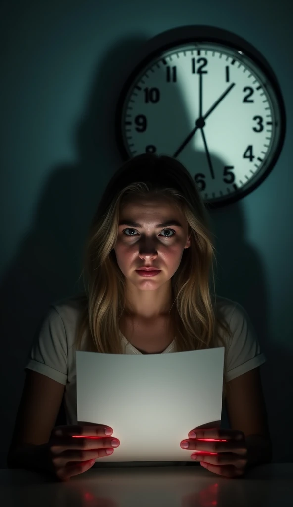 "Create a suspenseful and captivating thumbnail. Place a young woman as the central figure, looking distressed or puzzled, her face illuminated by a faint, eerie glow. Show her holding a blank sheet of paper with trembling hands, while a clock behind her t...