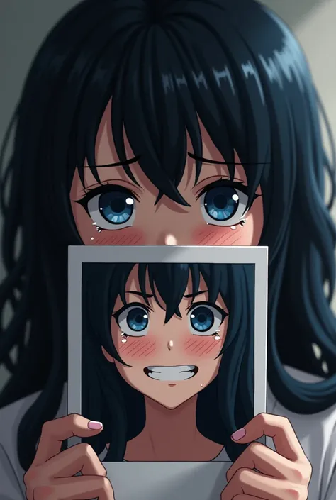 beautiful black haired girl.long and wavy,midnight blue eyes with a light blue , with a picture of herself smiling in front of her( covering part of her face  ,and she( the original ) behind the photo crying ,  teary eyes .The photo smiling (My Hero Ac ani...