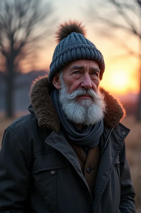  grandfather goes for a fanfuric in the morning at dusk. short beard , Gray hair, knitted hat,  winter jacket .  photorealism ,  high detail 