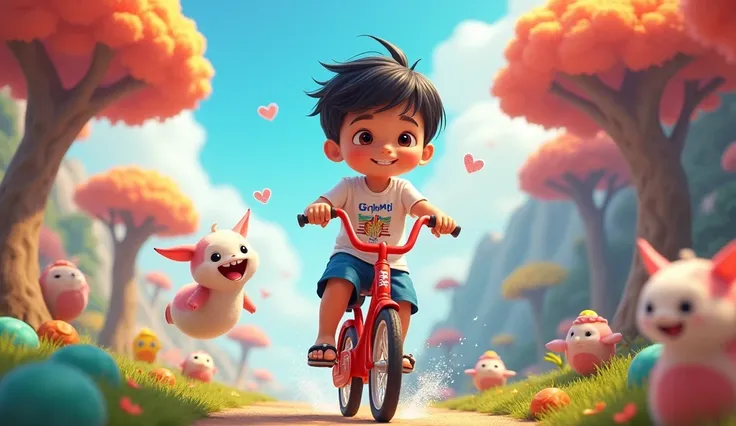 Ghani is a  boy.
, a little fat, fair skin like Asians, but still looks energetic and healthy.
Short black hair, a little messy but neat, Wearing a white shirt with GHANI written on the chest, blue shorts, wearing flip-flops and a magical red bicycle with ...