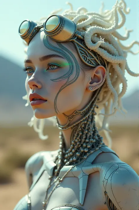 Ethereal Cyborg Woman, bioluminescent jellyfish tiara. Steampunk goggles merge with translucent tentacles. Cracked porcelain skin meets iridescent scales. Mechanical implants and delicate tendrils intertwine. Human characteristics with an otherworldly glow...