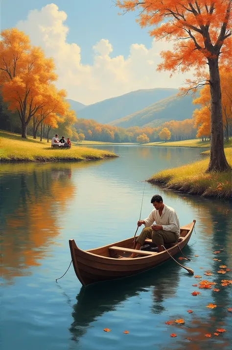 An impressionist style painting that represents a fisherman in a boat with a couple picnicking on the shore in a beautiful autumn landscape 