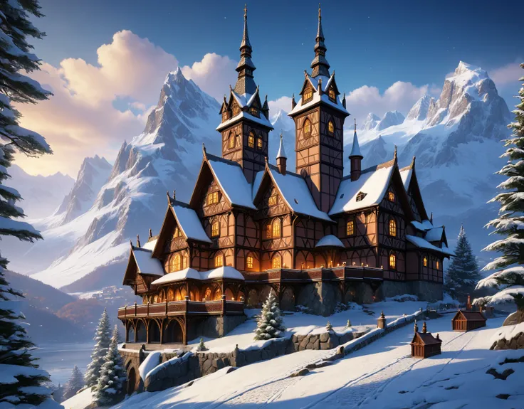 Christmas at Thornfire Castle. A beautiful castle on a snowy fjord overlooking mountains. Victorian Christmas, Christmas lights, christmas tree festive cheer. Scandinavian stave church. Snow trees, magic.  Official Art –  An Award-Winning Digital Masterpie...