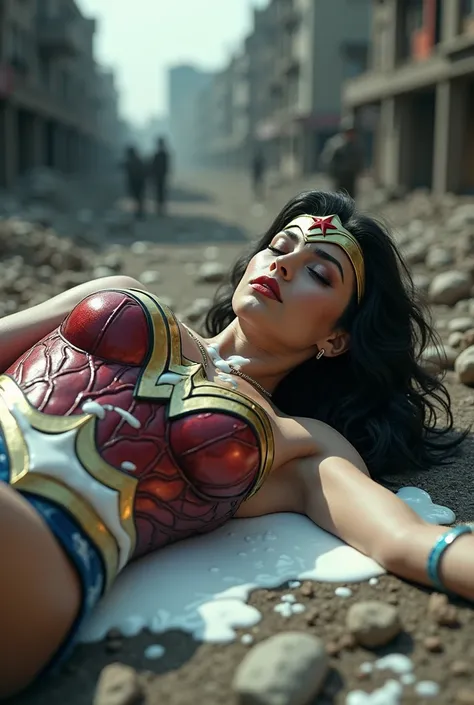 Wonder woman is fall down on ground unconscious at war zone, white cream like liquid  flow all over wonder woman face and body.