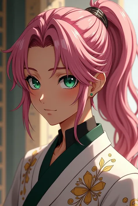 (photorealism:1.2) anime male, prince, pink ponytail, dark brown skin, green eyes