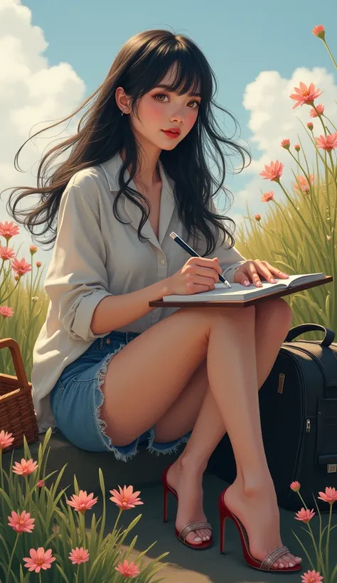 black hair,  Black smooth long hair flying in the wind,  sweep across the sea , ponytail, Windy ,  brown-gold eyelet , Smile, Matou Sakura, concept art, realism, chiaroscuro,  Anatomical structure correct ,  Textured skin ,  Clear eyeshadow at the end of t...