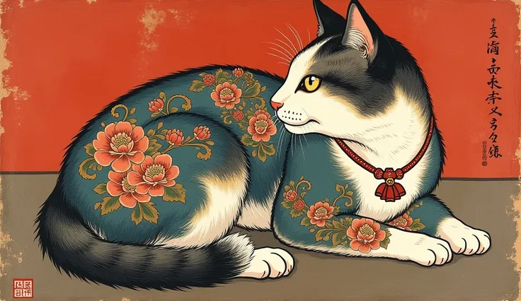 Ukiyo-e painting ancient japanese art, colorful, tattooed cat, aged, kazuaki horitimo style