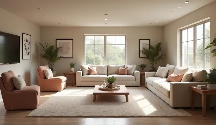 Wide view of a simple comfortable basement. living room，without people