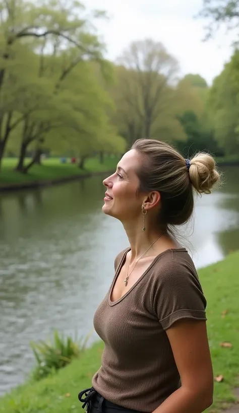 A 36-year-old woman enjoying a scenic riverside walk, dressed in a modest top.