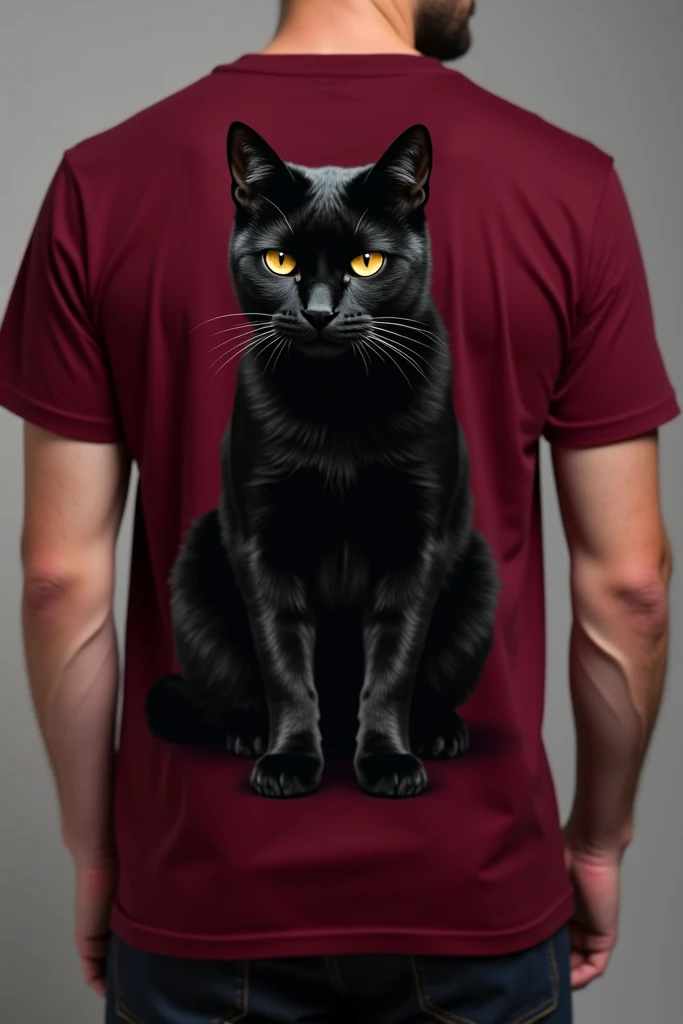 Create the image of a burgundy t-shirt with a serious black cat on the back 