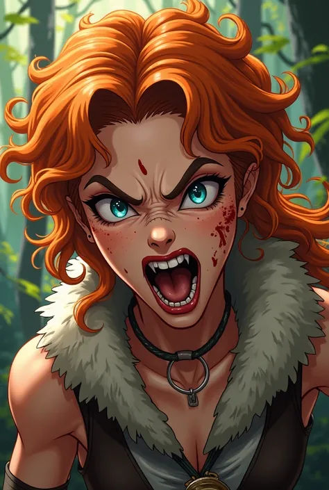 a mature woman, big lips, angry, rachelle lefevre face sharp canine, front view, high definition, sharp details, pretty face, orange curly hair, freckles, blue eyes, furr scarf, animal skin, muscle, blood on her face, forest in the background, kohei horiko...