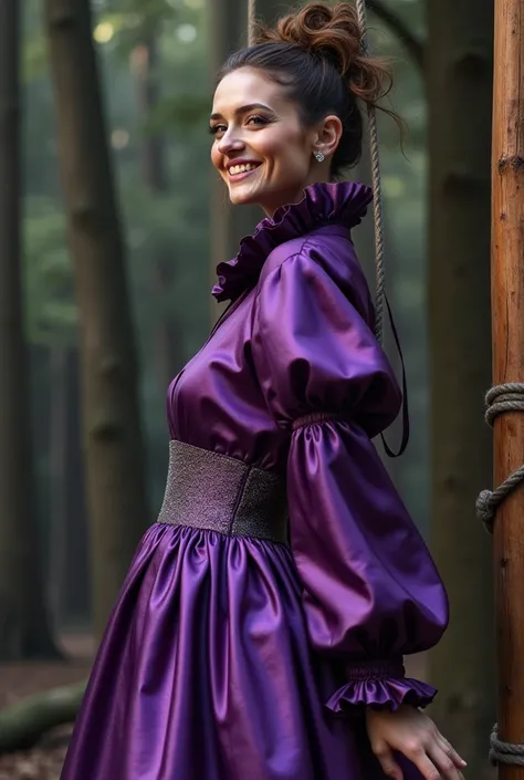 (realistic photograph close up sideways), (a pleased beautiful Caucasian lady with (messy hair bun), she is wearing (an elaborate shiny violet silk high neckline gown with (long gigantic pouf sleeves), (and with an ultra high tight stand-up collar up to he...