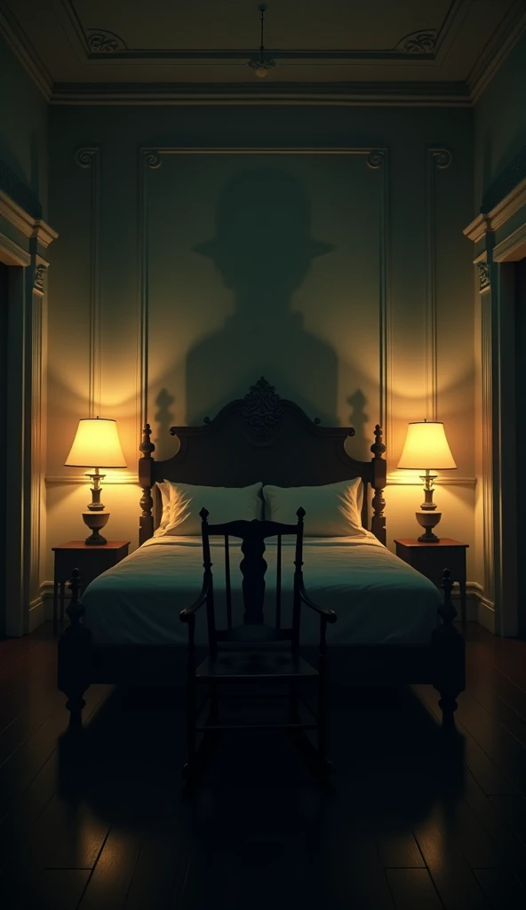 A dimly lit bedroom with an ornate bed and bedside lamps. The same rocking chair sits ominously at the foot of the bed, casting a shadow on the wall.