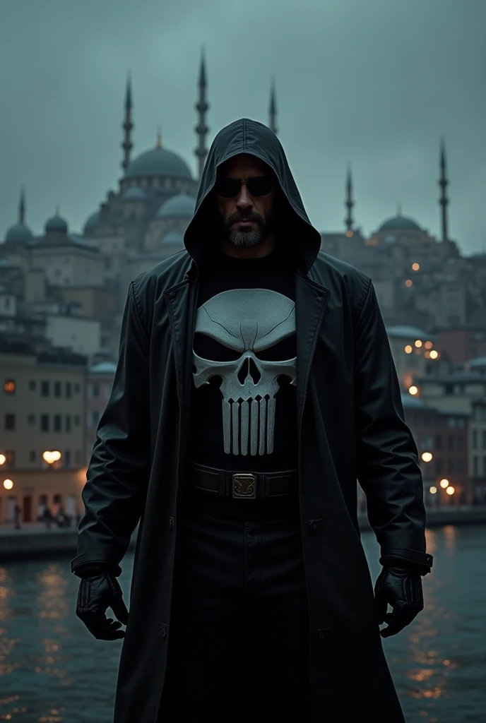 The Punisher Back turned watches Istanbul at night, wearing a skull vest,The hood is pulled over his head black gloves and a black raincoat Dont let the back be foggy