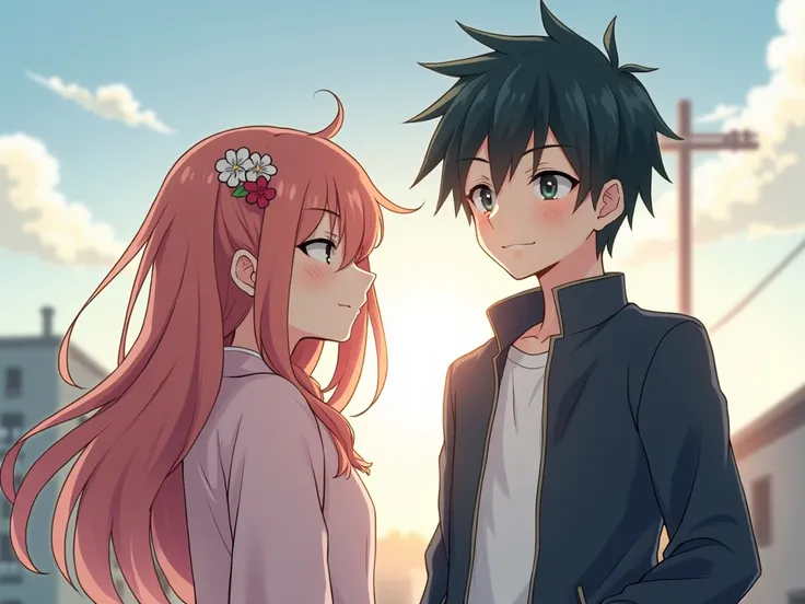 cute anime girl looking toward the camera standing in front of an handsome anime boy
