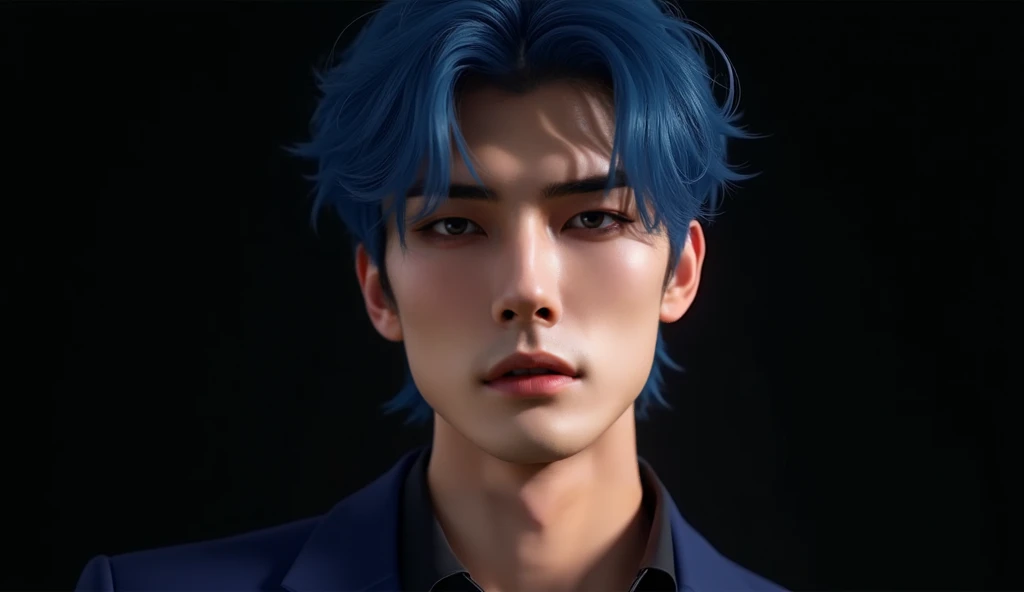 a 24 year old Korean boy, blue mullet hair, slightly blue eyes , square face, sexy face, defined nose, black background, (best quality,4k,8k,highres,masterpiece:1.2),ultra-detailed,(realistic,photorealistic,photo-realistic:1.37),HDR,UHD,studio lighting,ult...