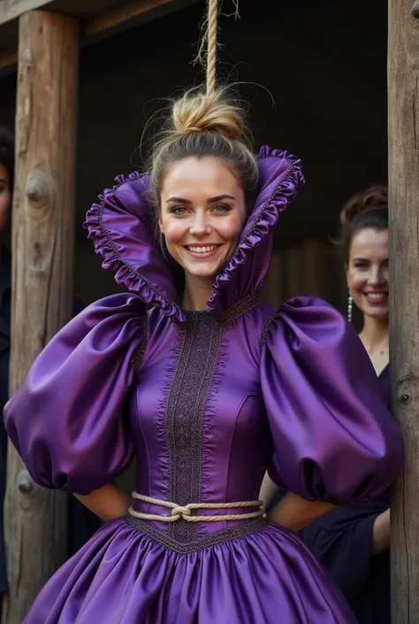 (realistic photograph close up sideways), (a pleased beautiful Caucasian lady with (messy hair bun), she is wearing (an elaborate shiny violet silk high neckline gown with (long gigantic pouf sleeves), (and with an ultra high tight stand-up collar up to he...