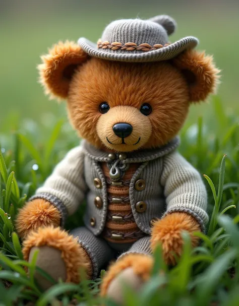 Ours en peluche tricoté, petit animal anthropomorphe, avec un chapeau et des vêtements anciens du 17ème siècle, macrophotographie dans l&#39;herbe épaisse, gouttes de rosée reflétant l&#39;environnement, jouet super détaillé, vous pouvez voir chaque laine ...